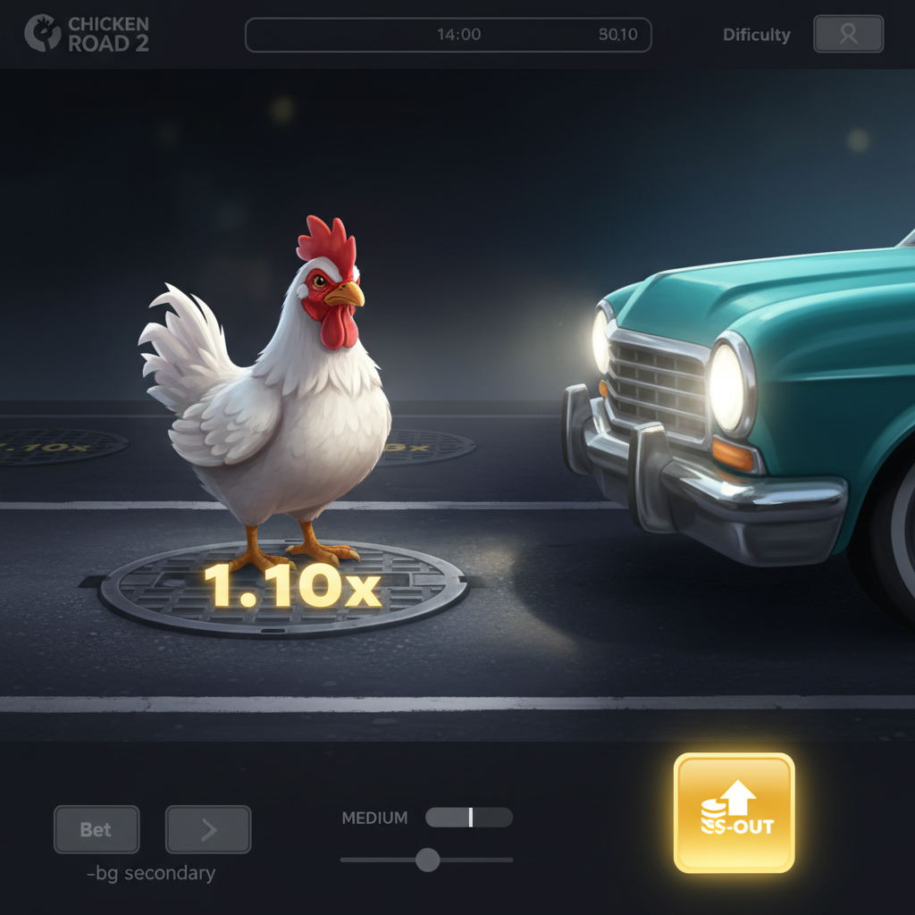 Momento del cash-out in Chicken Road 2 — il pollo è alla corsia 4 con moltiplicatore cumulativo 1.10x e pulsante di incasso evidenziato