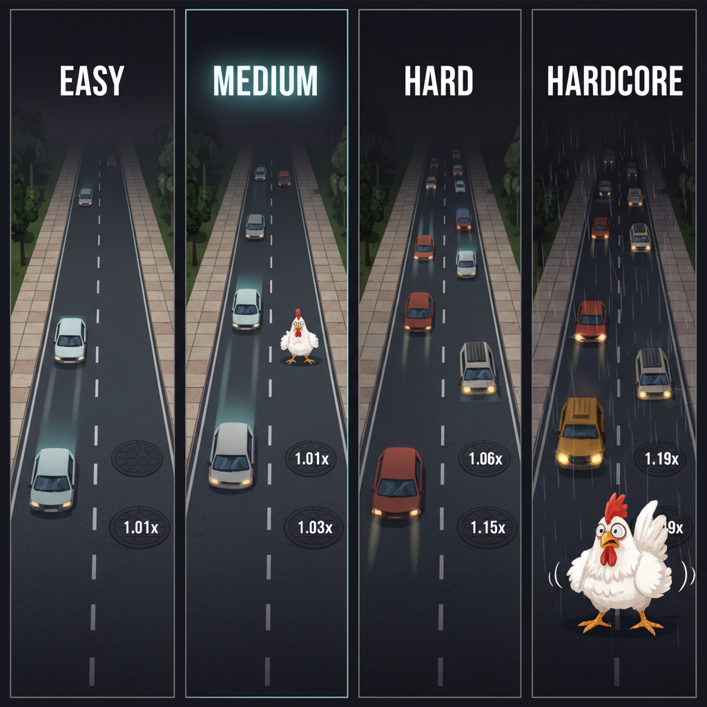 Confronto visivo dei 4 livelli di difficoltà di Chicken Road 2 — Easy, Medium, Hard e Hardcore con densità del traffico crescente