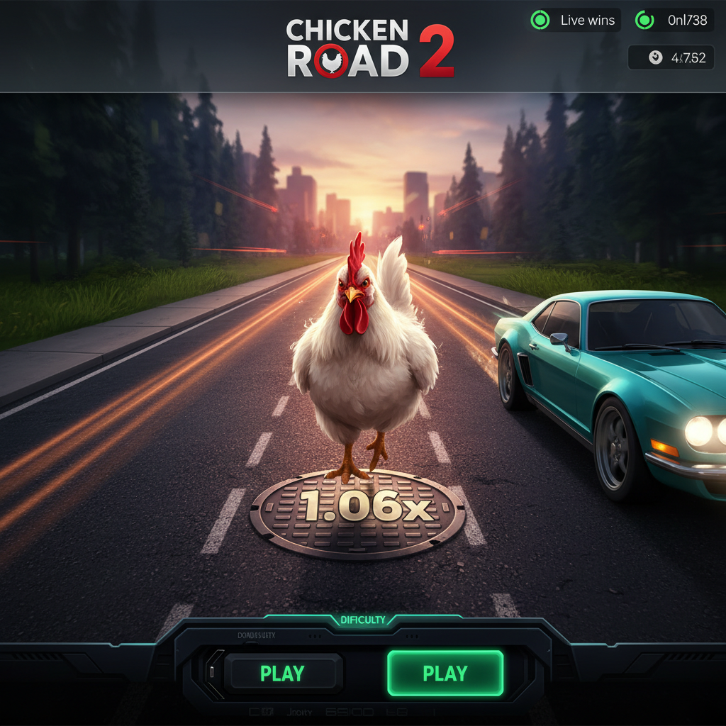 Schermata di gioco Chicken Road 2 — il pollo avanza sulla terza corsia con moltiplicatore 1.06x attivo e pannello puntate visibile
