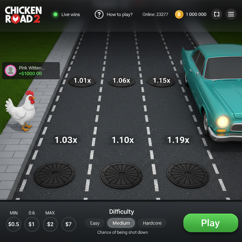 Panoramica completa dell'interfaccia di Chicken Road 2 — le tre zone del campo di gioco con corsie, tombini e pannello controlli in basso