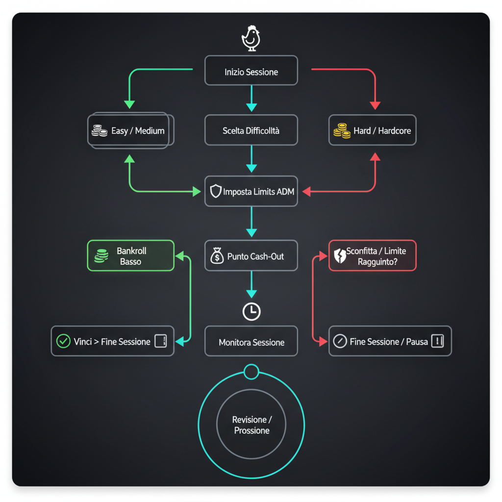 Diagramma di flusso della strategia ottimale per Chicken Road 2 — scelta difficoltà, impostazione bankroll, punto cash-out e gestione sessione