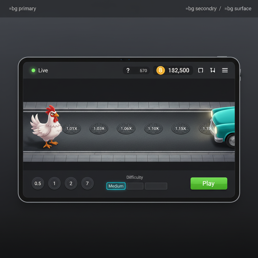 Chicken Road 2 su tablet in orientamento orizzontale — visuale completa della strada con tutte le 6 corsie e pannello controlli